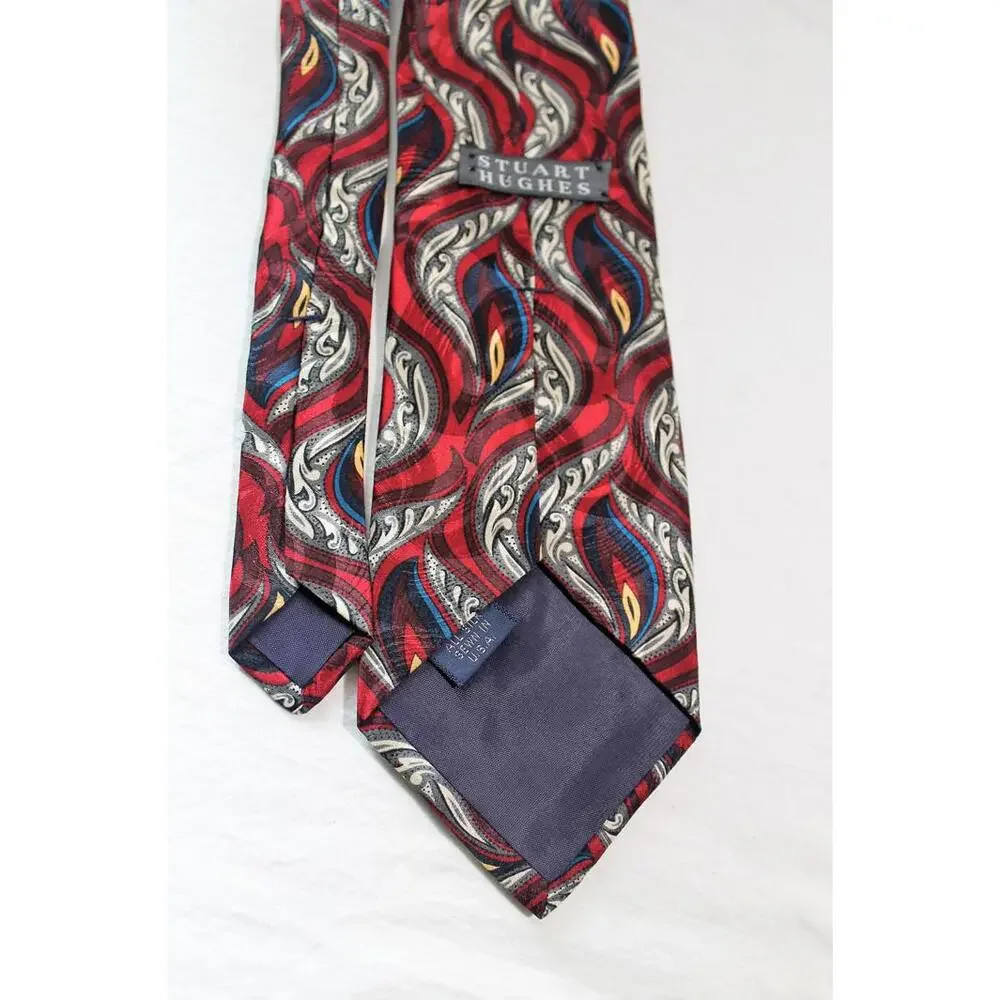 Vintage STUART HUGHES Silk Necktie, Maroon-Peacock Blue-Gold-White, 3.75 X 58